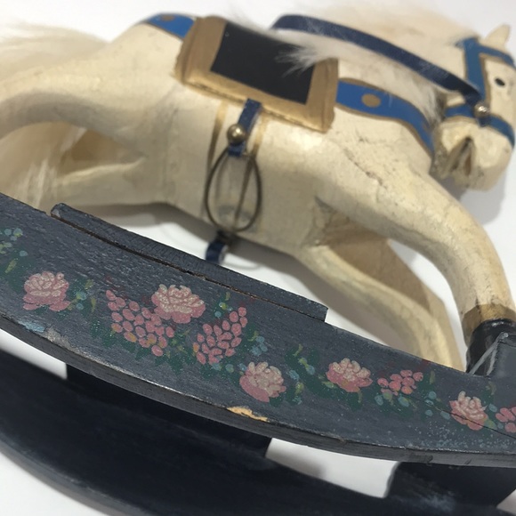 Vintage Shabby Chic Small Wooden Rocking Horse With Real Fur Mane - Picture 10 of 16